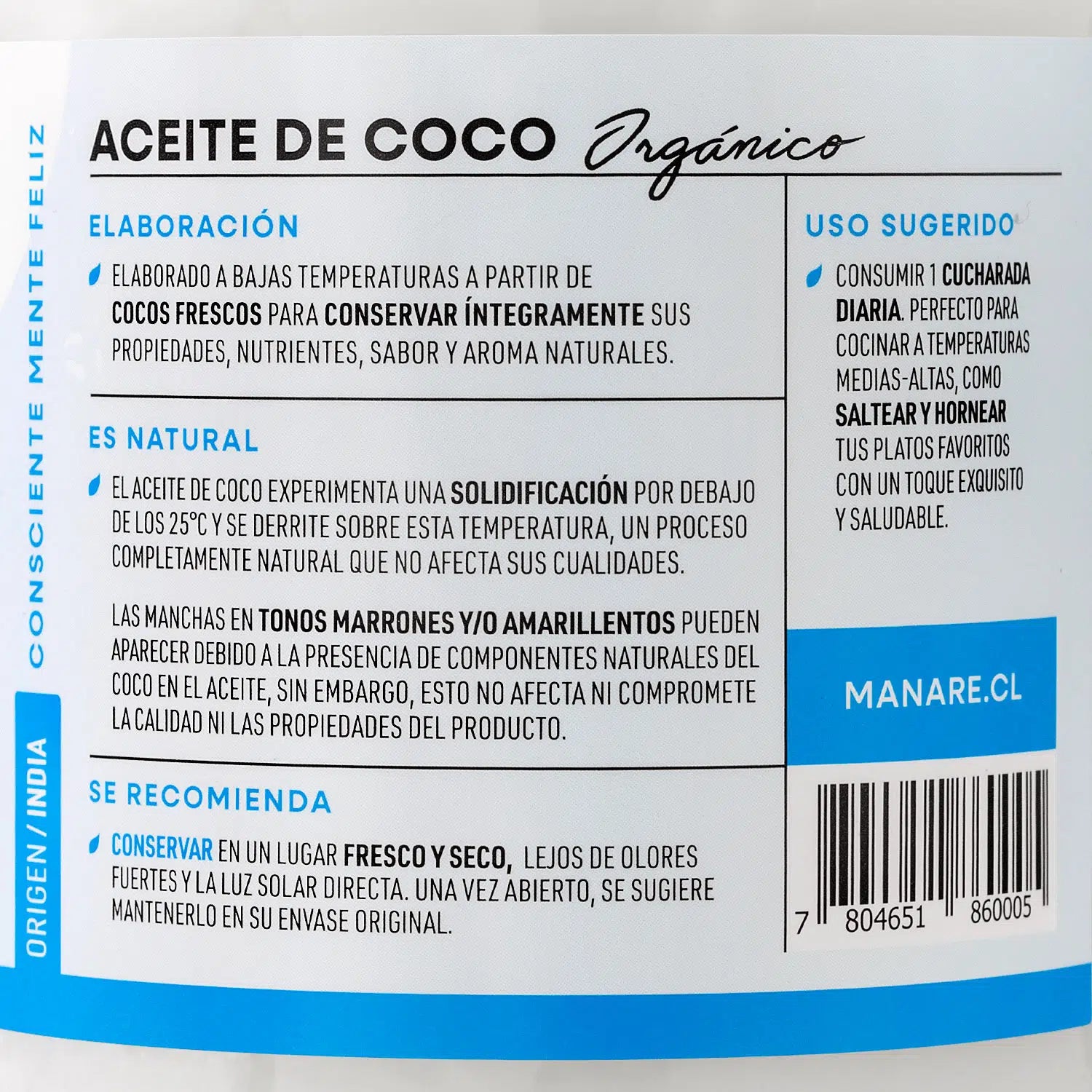 Aceite de Coco orgánico, 500 ml, marca Manare