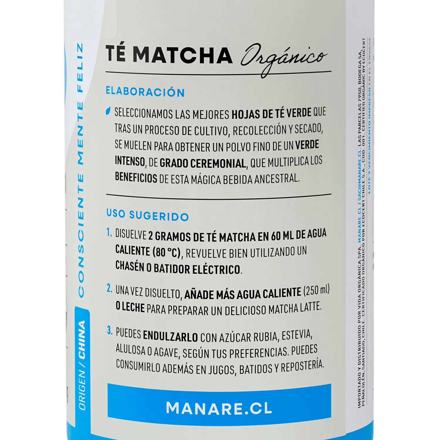 Te Matcha en polvo orgánico, 100 gr, marca Manare