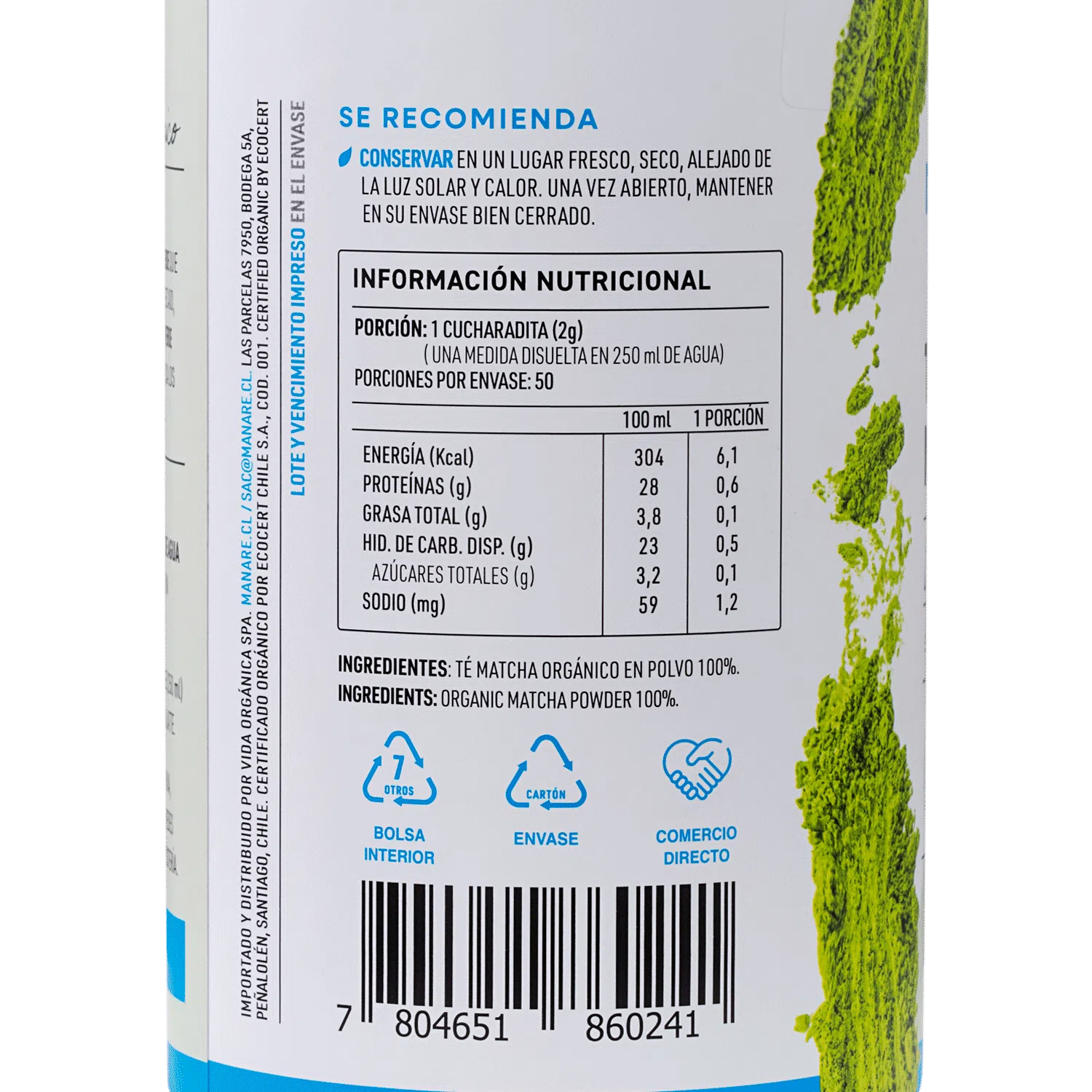 Te Matcha en polvo orgánico, 100 gr, marca Manare