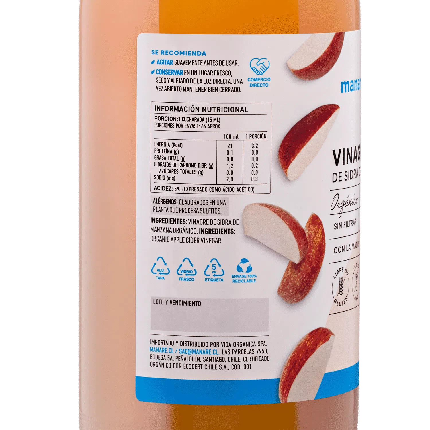 Vinagre de Manzana orgánico, 1000 ml, marca Manare