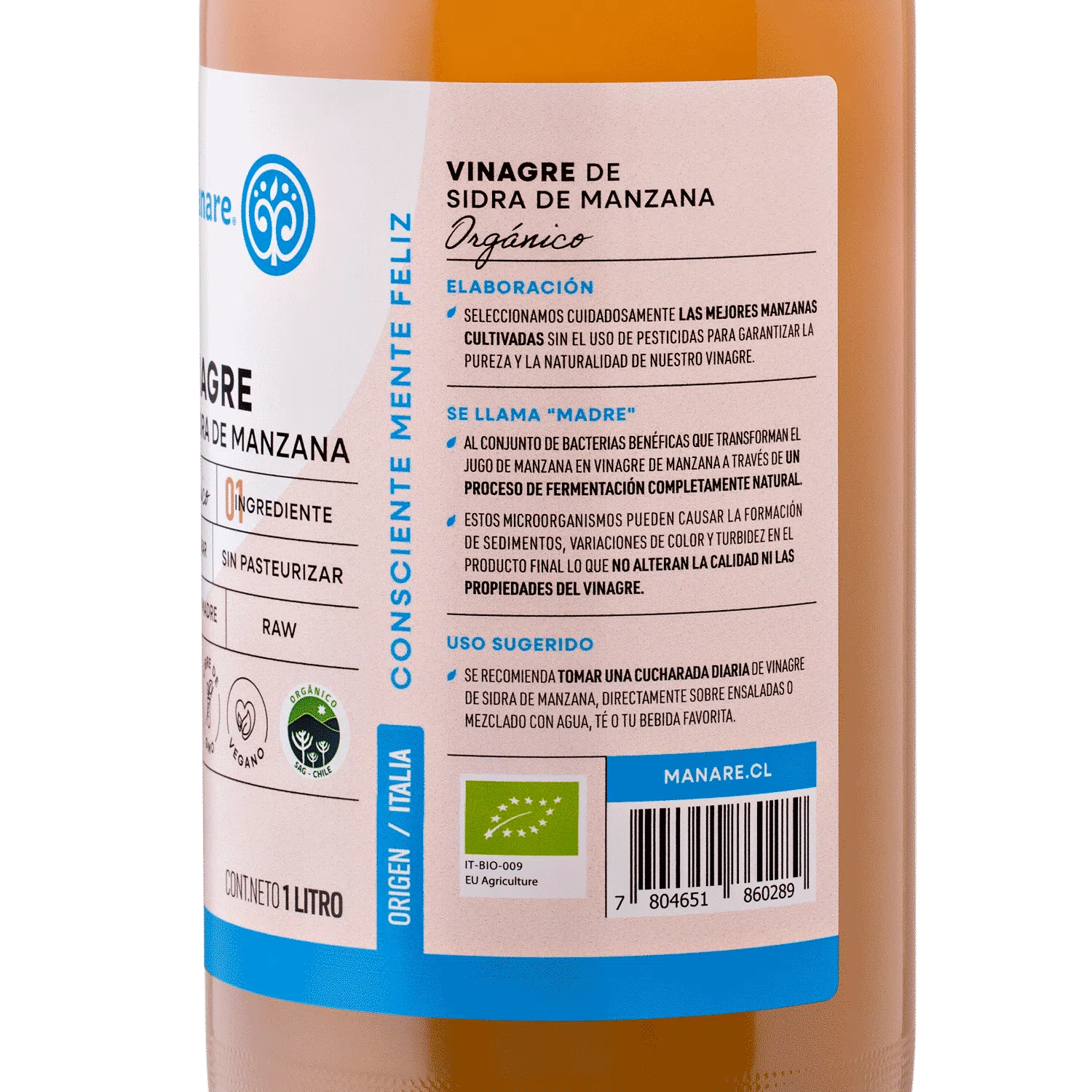 Vinagre de Manzana orgánico, 1000 ml, marca Manare