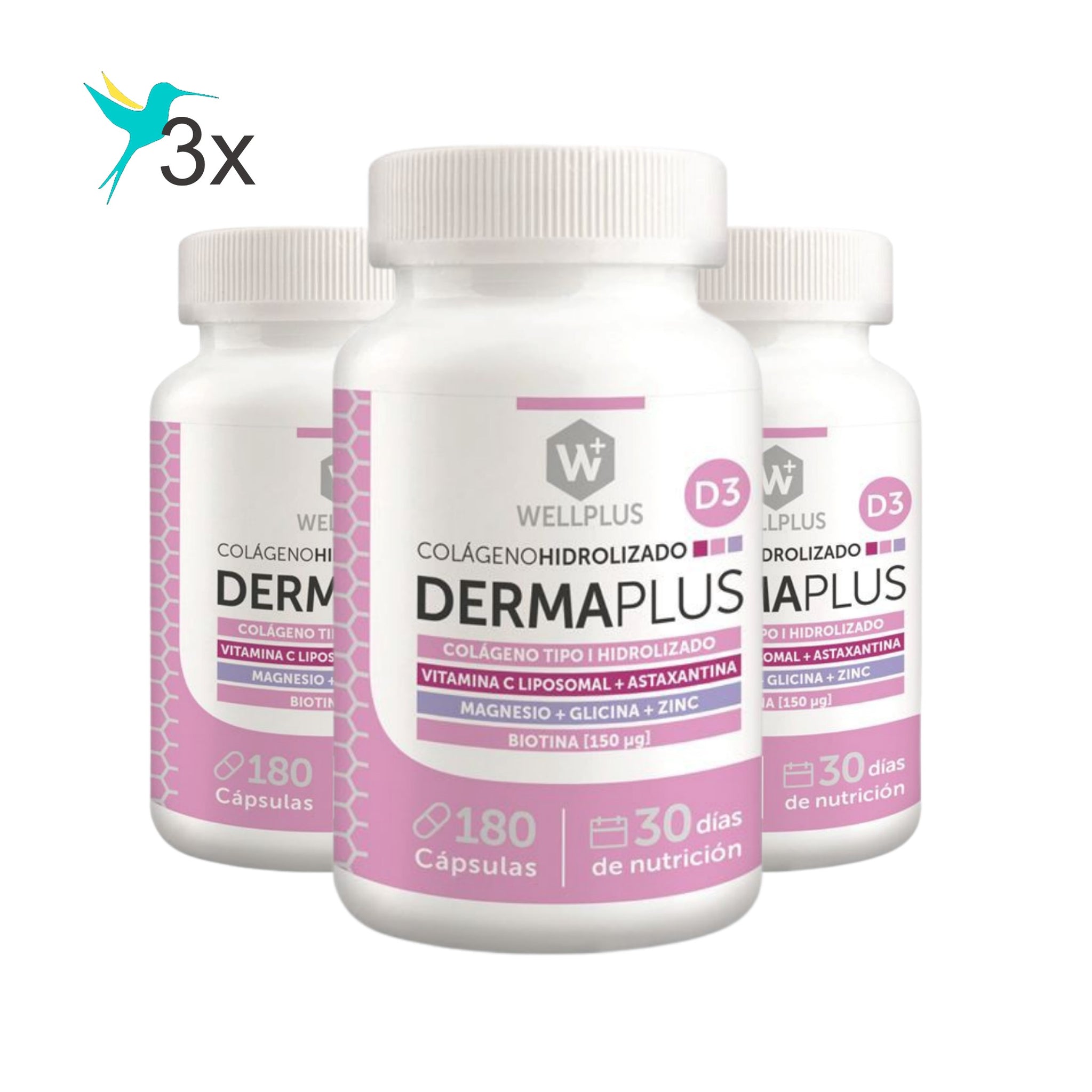 3 x Colageno Hidrolizado Dermaplus, 3 x 180 cap, wellplus