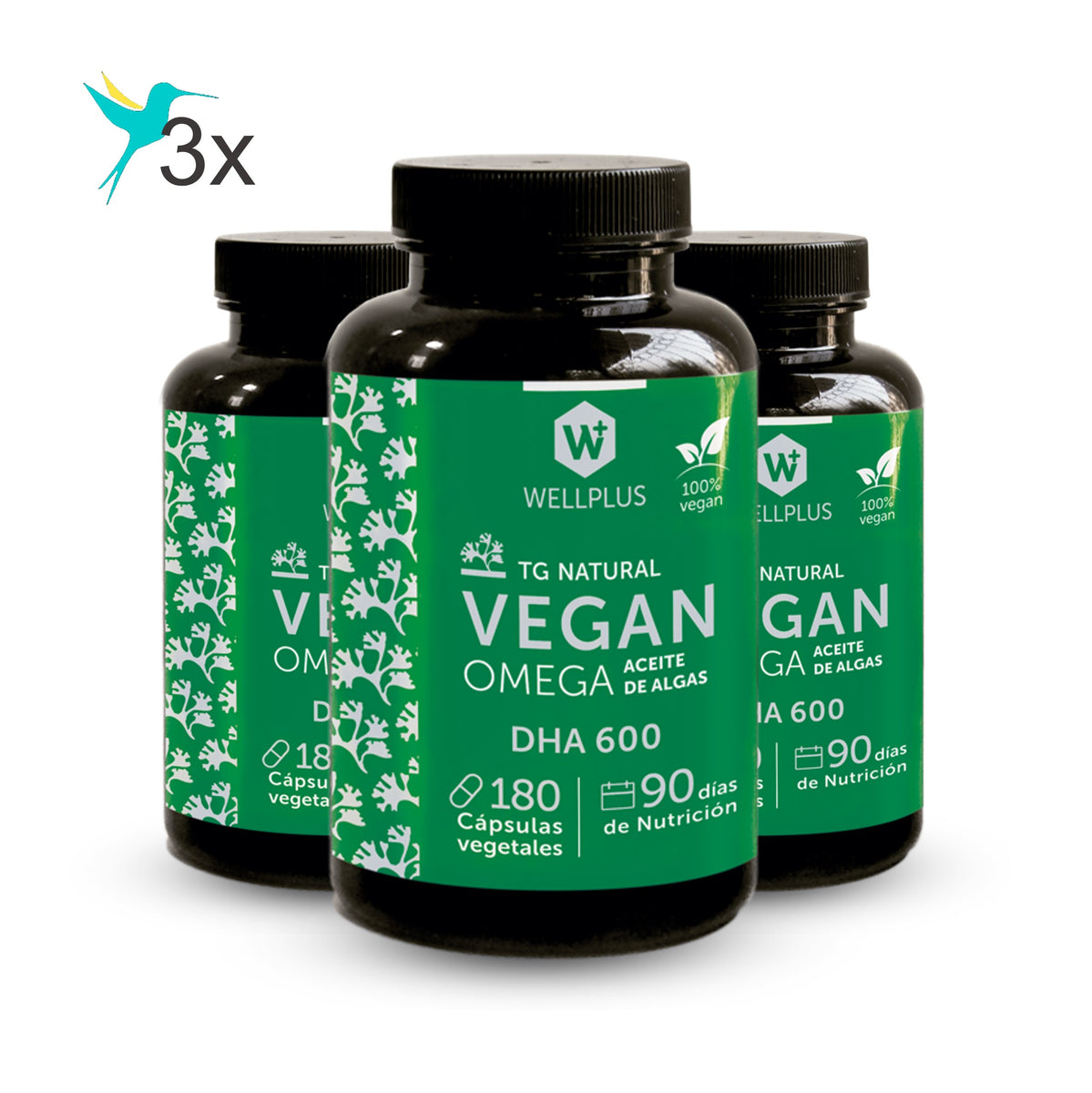 3 x Vegan Omega 3, 3 x 180 capsulas, wellplus - chilebefree