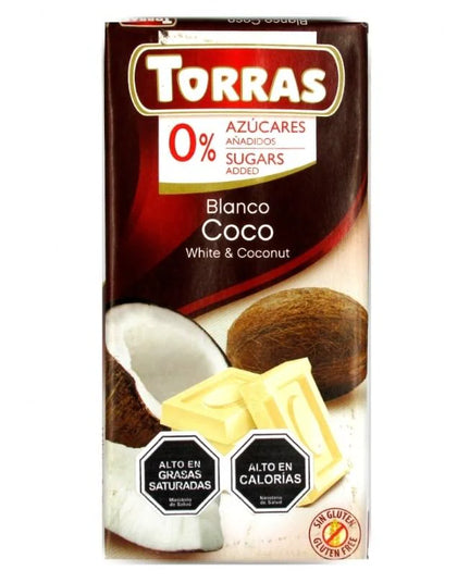 Barra de Chocolate Blanco Y Coco, sin azúcar ni gluten, 125 gr, Marca Torras