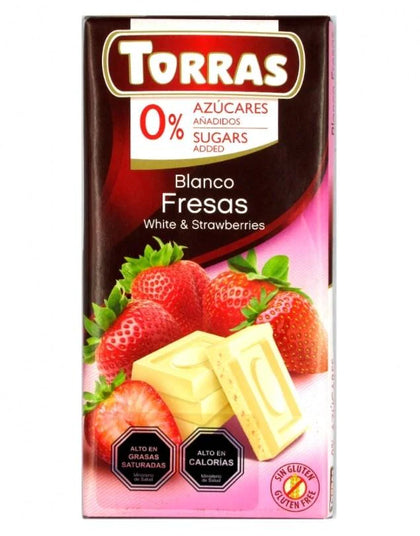 Barra de Chocolate Blanco Fresas sin azucar ni gluten, 75 gr, Torras