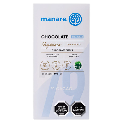 Barra de Cacao sin azúcar 79%, 100 gr, marca Manare