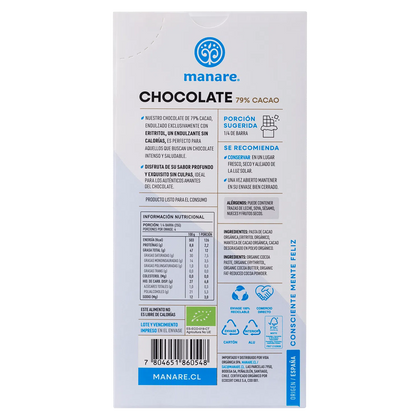 Barra de Cacao sin azúcar 79%, 100 gr, marca Manare