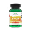 Frasco de Biotina Swanson 5000 mcg con 100 cápsulas vegetales, vista frontal