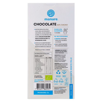 Barra de Cacao sin azúcar 62%, 100 gr, marca Manare