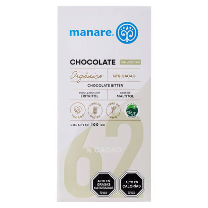 Barra de Cacao sin azúcar 62%, 100 gr, marca Manare