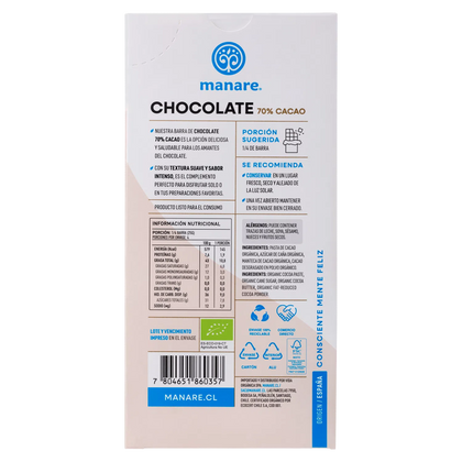 Barra de Cacao orgánico 70%, 100 gr, marca Manare