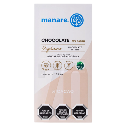 Barra de Cacao orgánico 70%, 100 gr, marca Manare