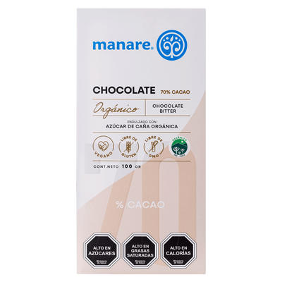 Chocolate 70% Cacao Orgánico Manare 100g | Sin Lácteos Vegano Chile