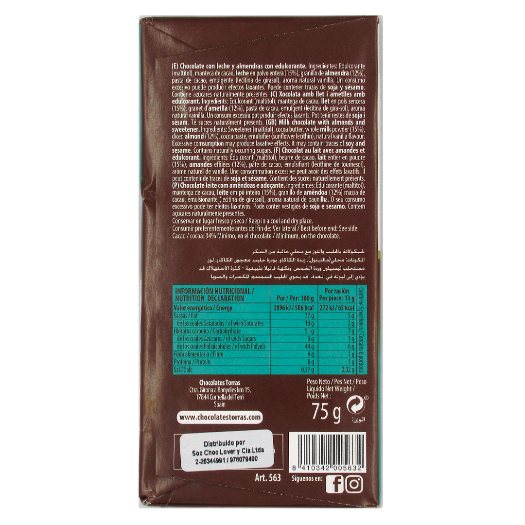 Barra de Chocolate Leche Almendras sin azucar ni gluten, 75 gr, Torras