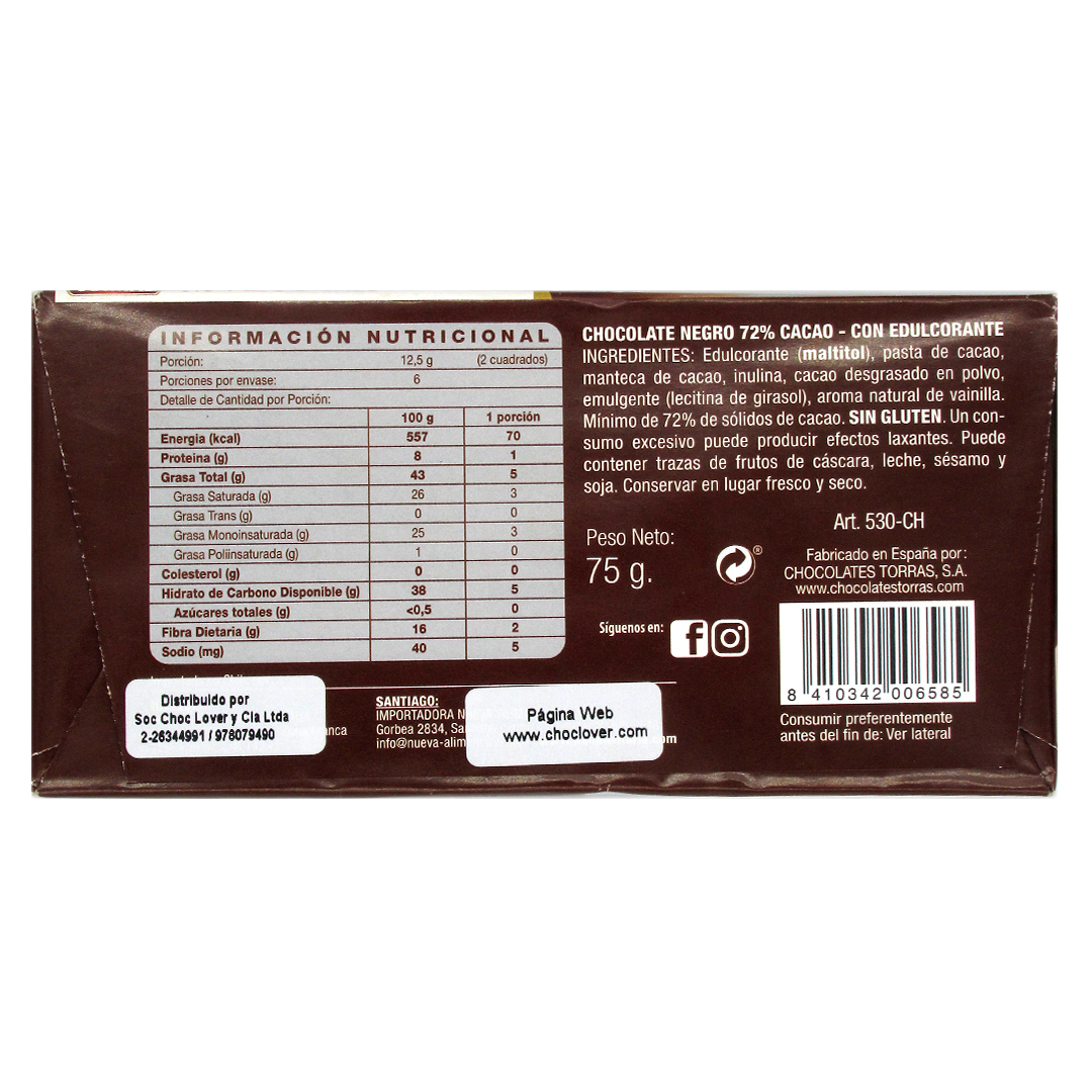 Barra de Chocolate Negro 72% sin azucar ni gluten, 75 gr, Torras