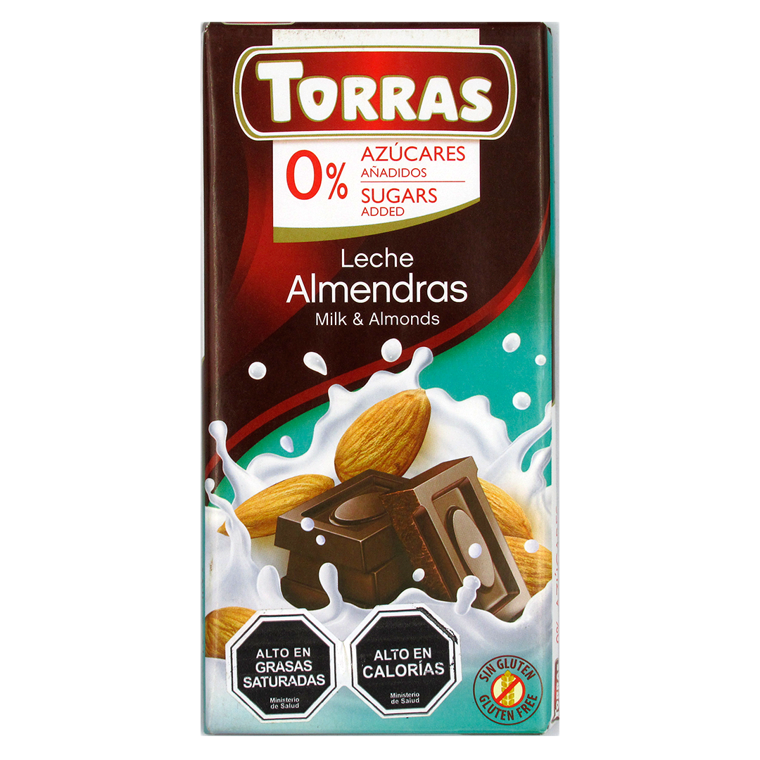 Barra de Chocolate Leche Almendras sin azucar ni gluten, 75 gr, Torras