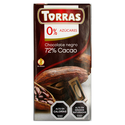 Barra de Chocolate Negro 72% sin azucar ni gluten, 75 gr, Torras