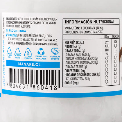 Aceite de Coco orgánico, 200 ml, marca Manare