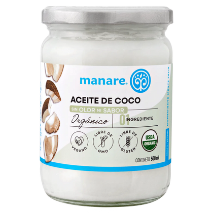 Aceite de Coco orgánicoSin Olor ni Sabor, 500 ml, marca Manare