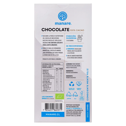 Barra de Cacao orgánico 100%, 100 gr, marca Manare