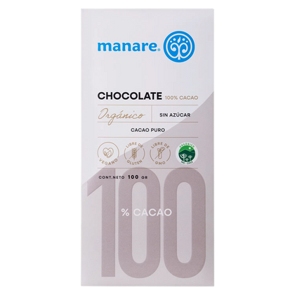 Barra de Cacao orgánico 100%, 100 gr, marca Manare