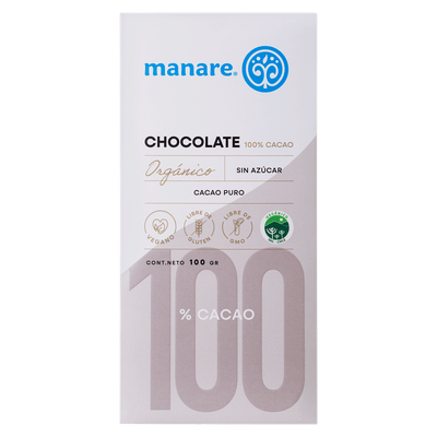 Chocolate 100% Cacao Orgánico Manare 100g | Puro Sin Azúcar Sin Lácteos Chile