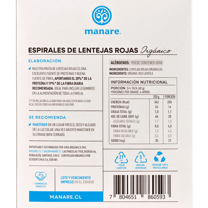 espirales de garbanzos organicos, 250 gr, manare