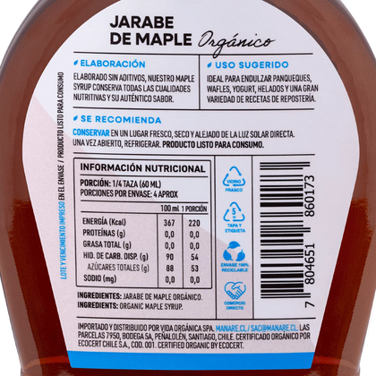 Jarabe de Maple orgánico, 250 ml, marca Manare