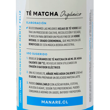 Te Matcha en polvo orgánico, 100 gr, marca Manare
