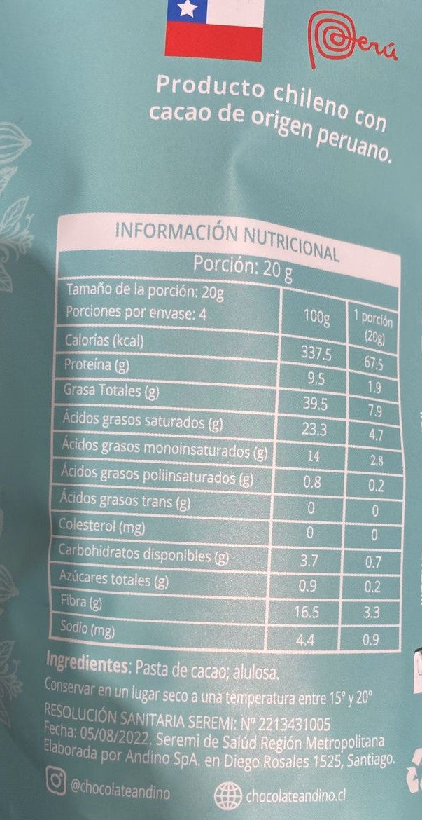 Chips de Chocolate Keto 75%, 200 gr, Andino Chocolates