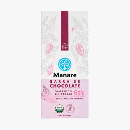 Barra de Cacao sin azúcar 62%, 100 gr, marca Manare