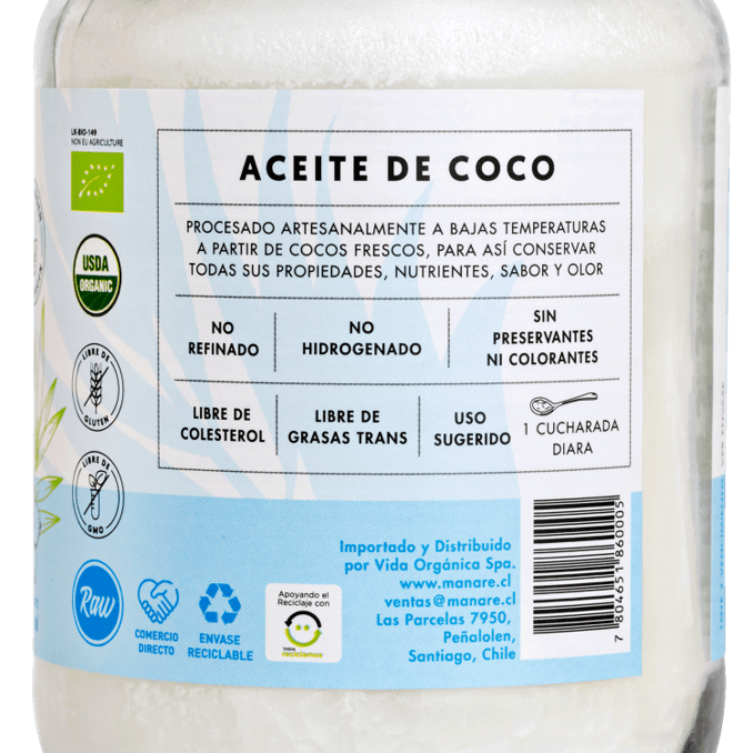 Aceite de Coco orgánico, 500 ml, marca Manare