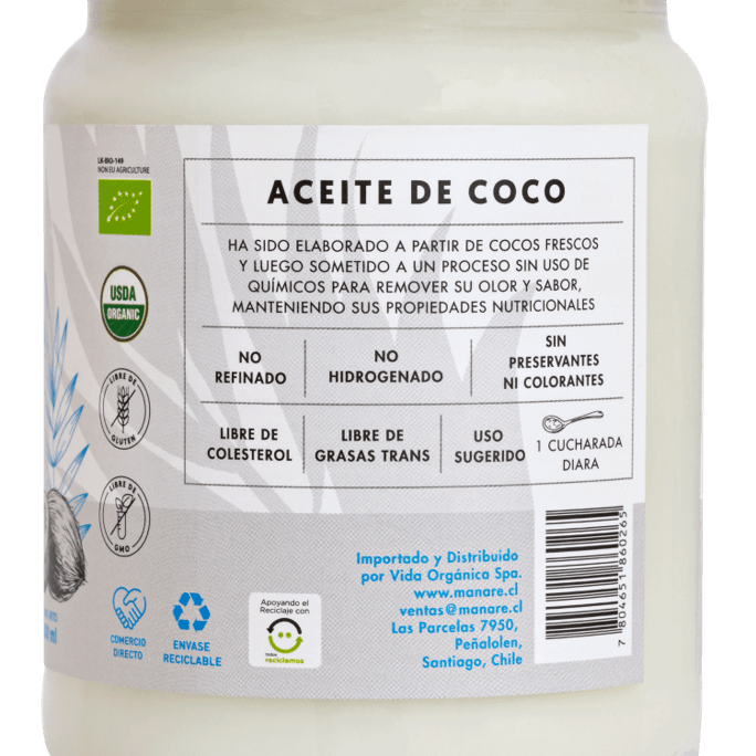 Aceite de Coco orgánicoSin Olor ni Sabor, 500 ml, marca Manare