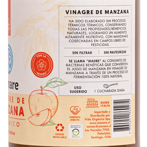 Vinagre de Manzana orgánico, 500 ml, marca Manare