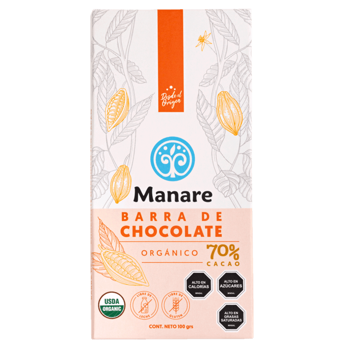 Barra de Cacao orgánico70%, 100 gr, marca Manare
