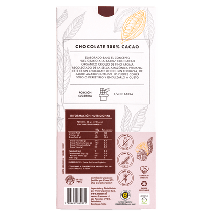 Barra de Cacao orgánico100%, 100 gr, marca Manare