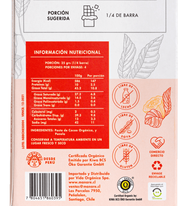 Barra de Cacao orgánico85%, 100 gr, marca Manare