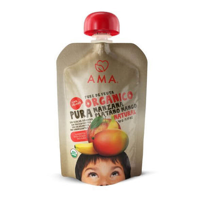 Pure de Fruta de Manzana Platano Mango orgánico, 90 gr, marca Ama