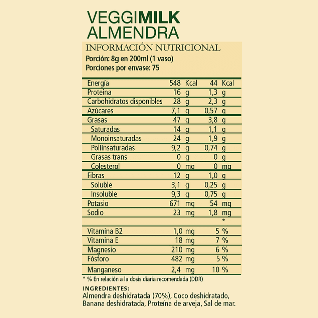 Alimento Vegetal en polvo de Almendra Veggimilk, 600 gr, marca Aqua Solar