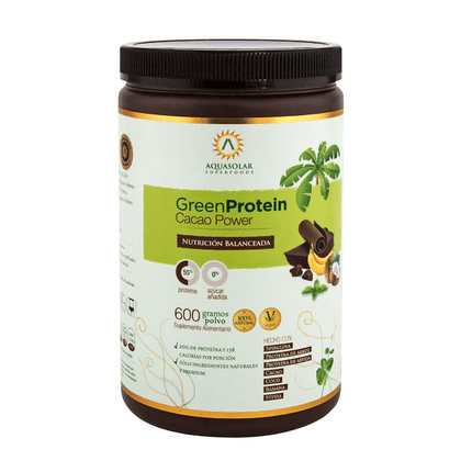 Batido Proteico Vegetal en polvo Greenprotein Cacaopower, 600 gr, marca Aqua Solar
