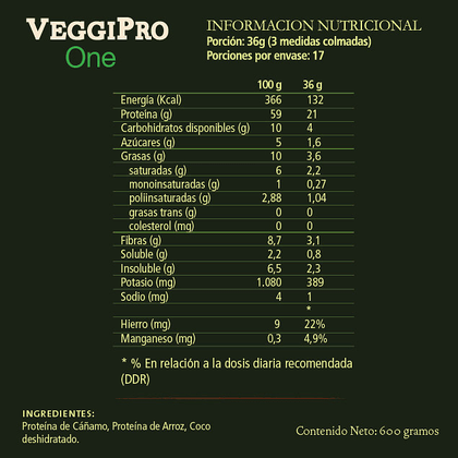 Batido Proteico Vegetal en polvo Veggipro One, 600 gr, marca Aqua Solar