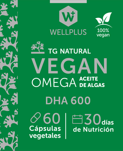Vegan Omega 3 600 DHA, 60 Capsulas de 700 mg, wellplus