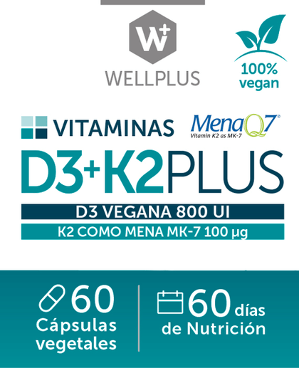 Vitaminas D3 K2 Plus, 60 capsulas de 473 mg, wellplus