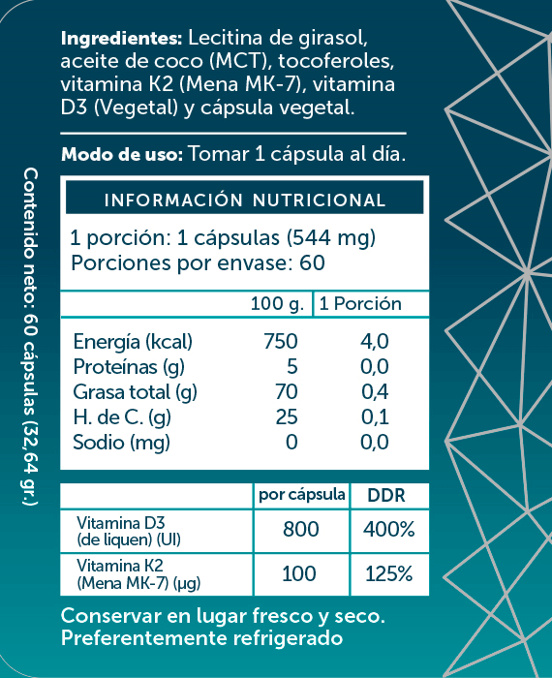 Vitaminas D3 K2 Plus, 60 capsulas de 473 mg
