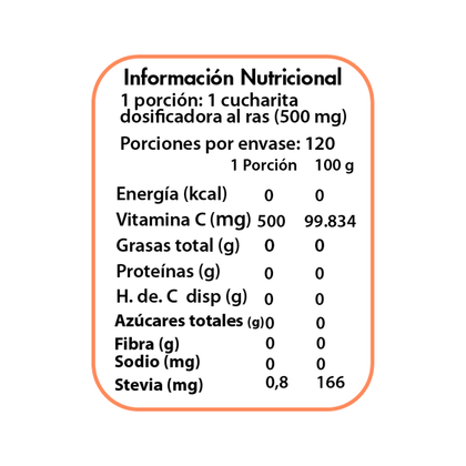 Vitamina C en polvo 120 Porciones, 60 gr, marca Dulzura Natural