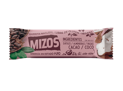 Barrita Cacao y Coco sin gluten, 35 gr, marca Mizos