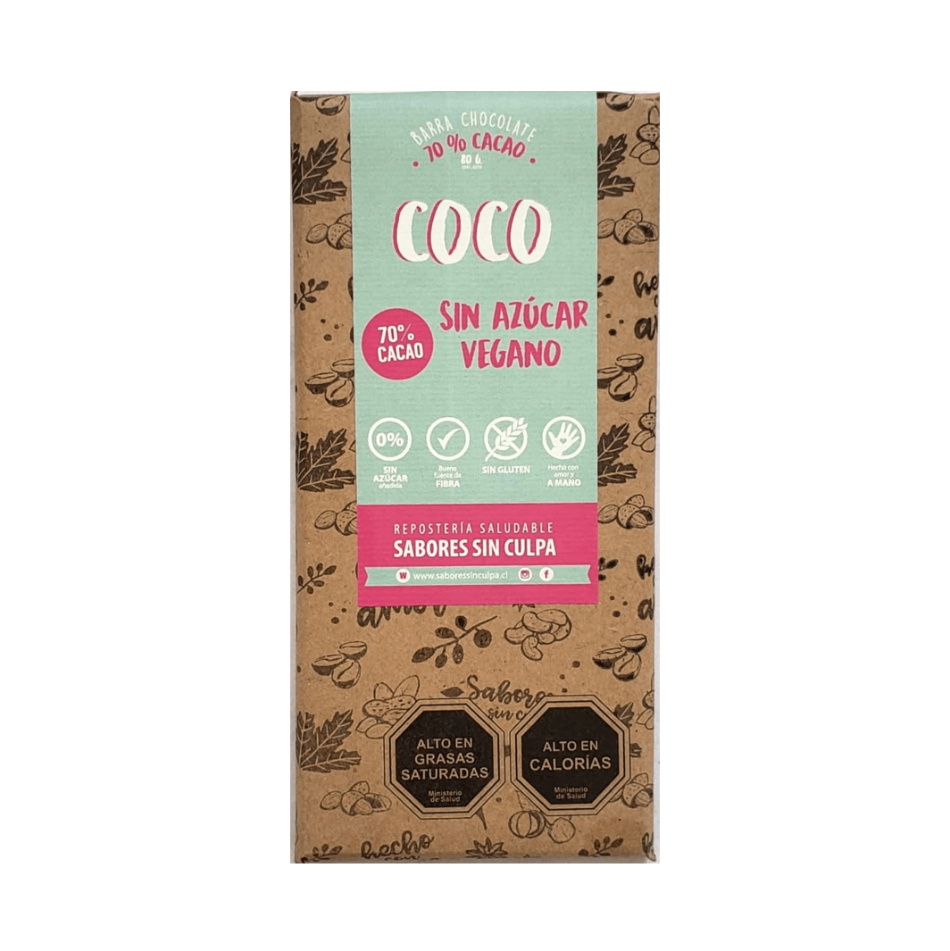 Barra Chocolate Amargo Coco, 80 gr, marca Sabores sin Culpa