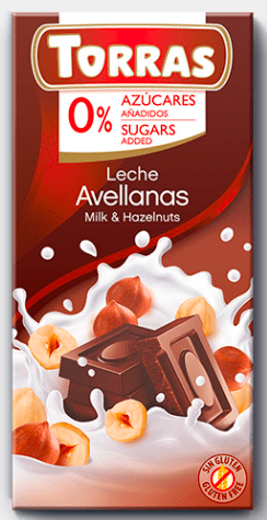 Chocolate Leche con Avellanas sin azucar, 75 Gr, Torras