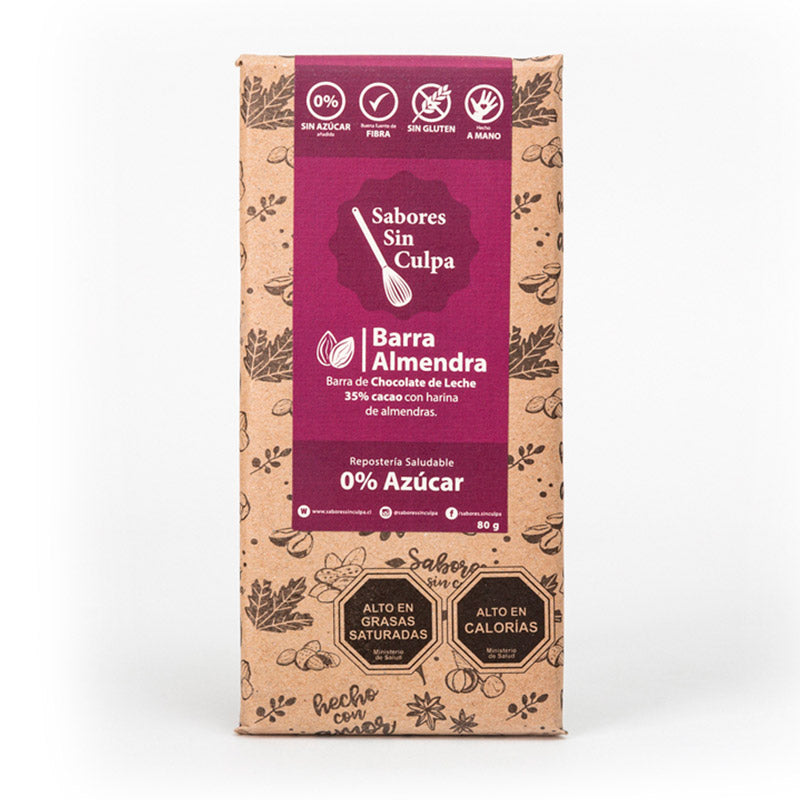 Barra Chocolate Leche Almendra, 80 gr, marca Sabores sin Culpa