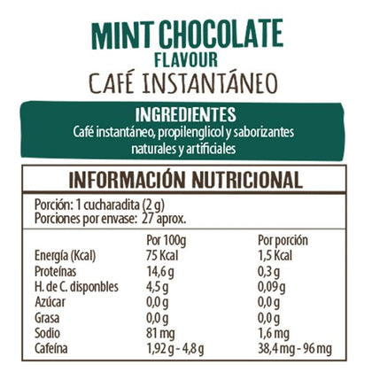 Café Instantáneo Menta Chocolate, 50 gr, marca Beanies